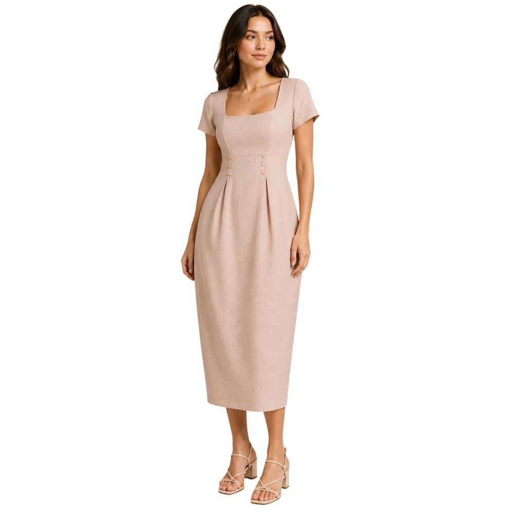 Coco Bianco Vintage Gingham Sheath Dress Pink Tan Size 12 Short Sleeve Pleated